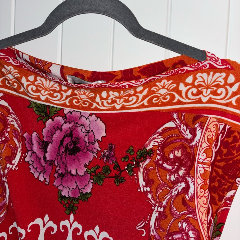 Vibrant Red Floral Top with Pink and Green Details